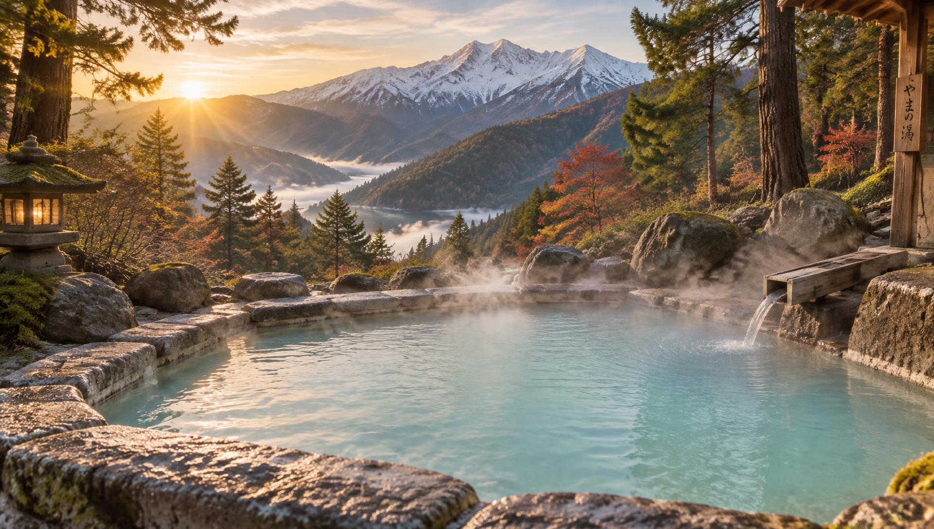 A natural Japanese outdoor stone onsen with steam rising from milky water, snow-capped mountains behind it